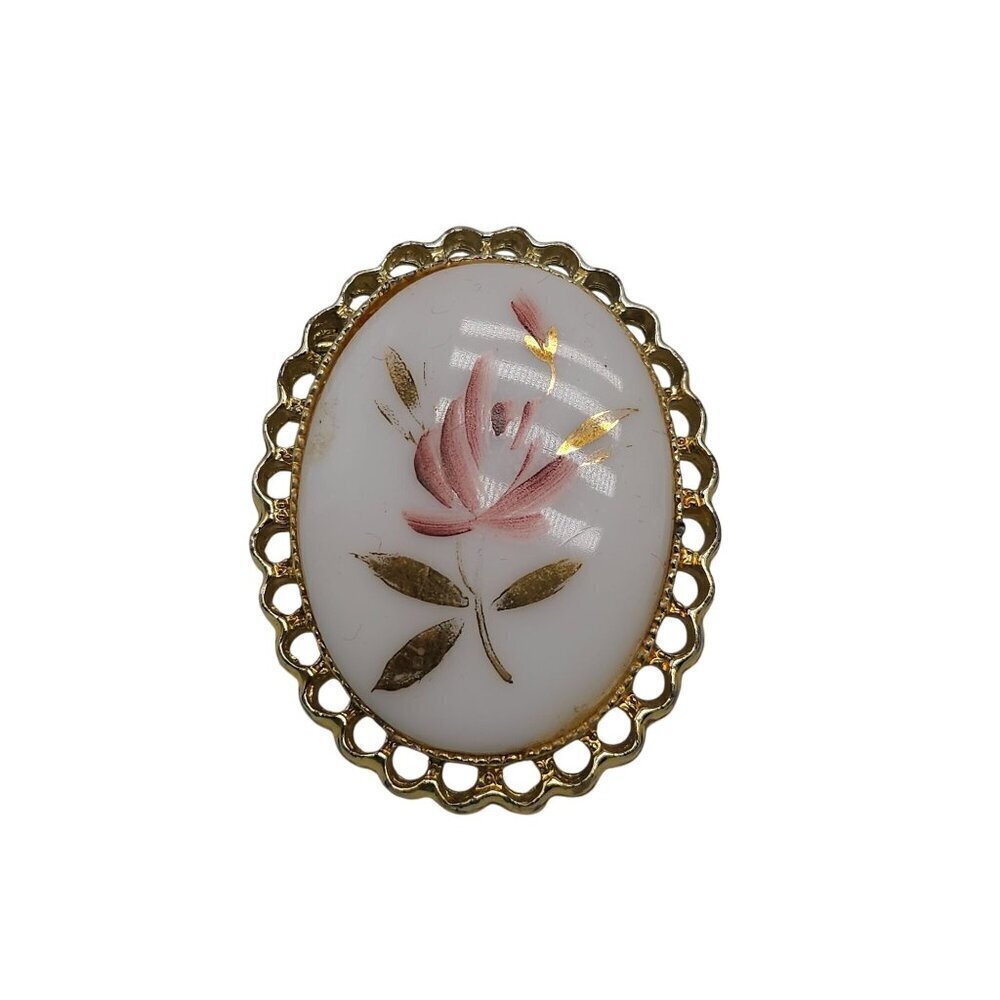 Vintage Gold Toned Oval Brooch Hand Painted Pink Floral Design on Milk Glass